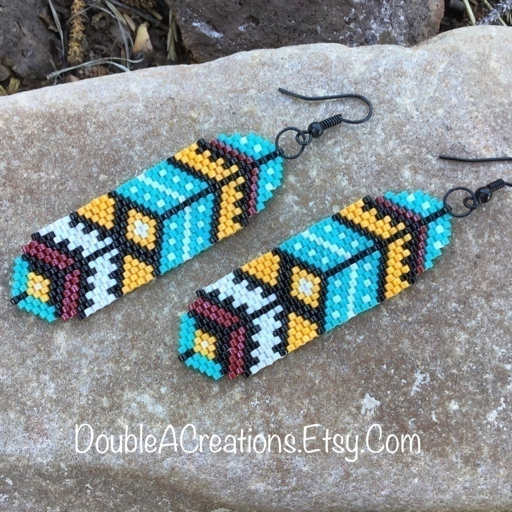 Southwest Turquoise Feathers Beaded Earrings, New, Handmade by Me - Picture 4 of 7